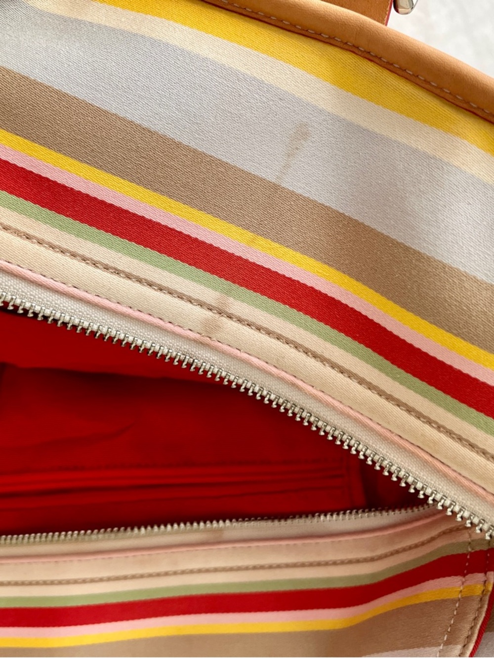 Coach Pastel Multi Striped Canvas Tote with Coral Leather Straps - Picture 5 of 9